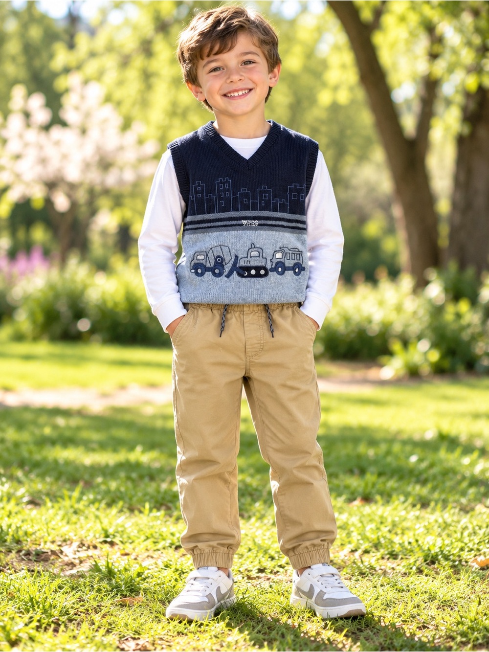 boys’ construction sweater vest and Gap khaki joggers | 6–7